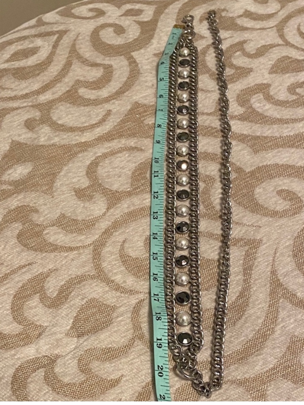Silver Chain Belt Faux Pearl Black Stone Accent Adjustable Waist Belt - Picture 4 of 7